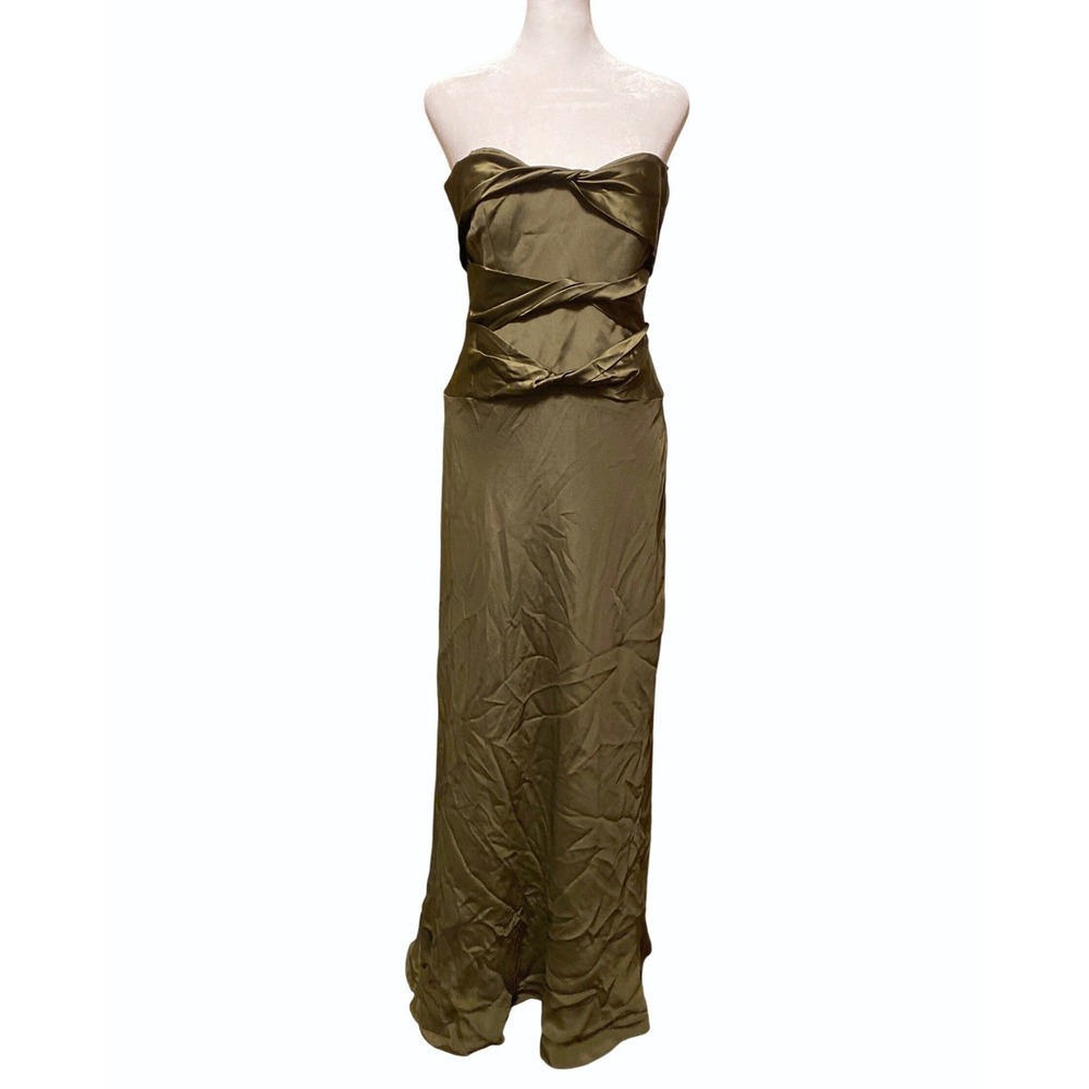 David Meister Strapless Knot Corset Gown 8 Olive Green Formal Evening Maxi Dress